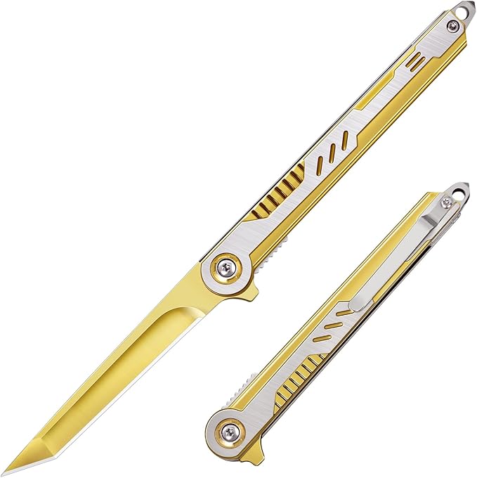 FUNBRO Cool Pocket Knife Gifts for Men, EDC Tanto Blade Folding Knives with Clip, Flipper Open Survival Knife with Window Breaker and Liner Lock for Outdoor Camping (Gold)
