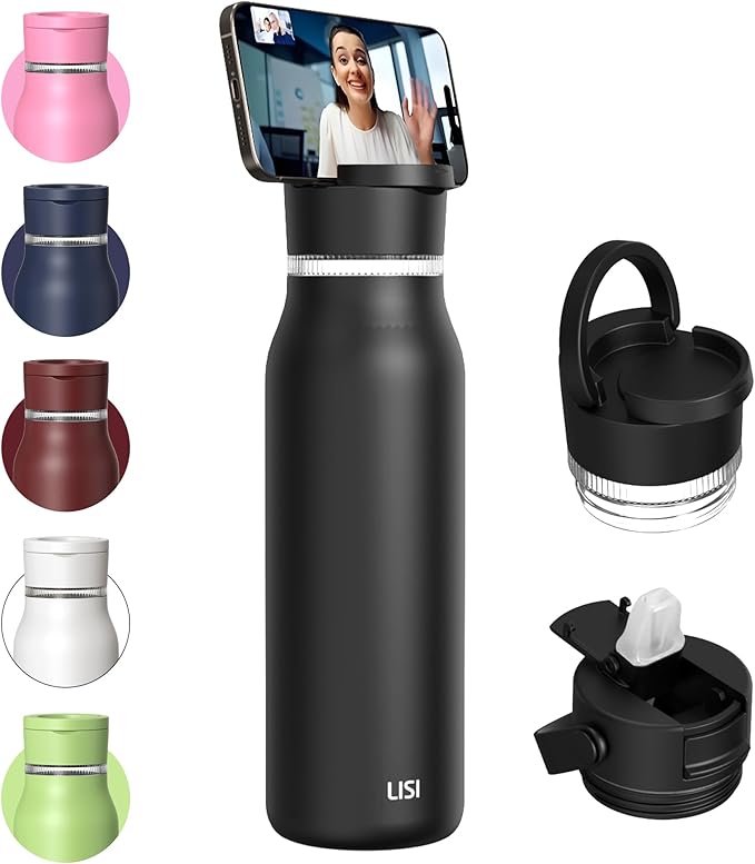 LISI 40oz Insulated Water Bottle, Double Wall Stainless Steel Water Bottles with Straw, 100% Leak-Proof Travel Thermal Canteen Mug with 2 Lids (Straw, Phone Holder Lid)