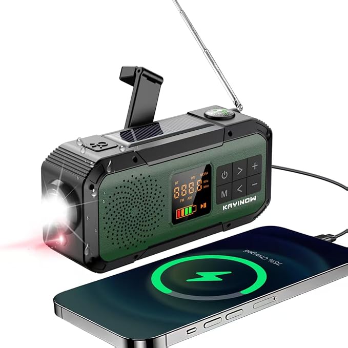 NOAA Weather Radio AM/FM,Portable 7400mWh/2000mAh Rechargeable Battery Operated with USB-C/Hand Crank/Solar Charging,Bluetooth Connectivity,Light,SOS Alarm,Ideal for Camping,Hurricane and Storm