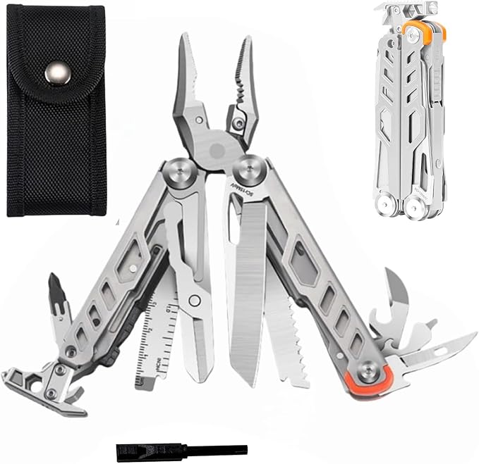 23-in-1 Multitool Pliers with Scissors,Window Breaker, Saw, Screwdrivers,Rope Cutters,Flint, High-carbon Steel Multi Tool with Carrying Pouch Ideal for Camping Survival and Gift for Him Dad Men