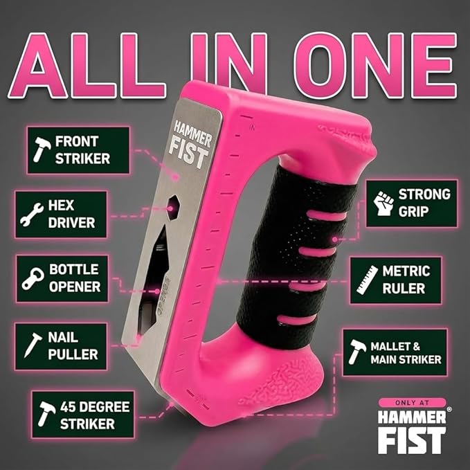 Hammer Fist 8-in-1 Multitool - Heavy Duty Stainless Steel Palm Hammer & Nail Puller, Non-Marring Mallet, Hex Driver, Ruler, Square & Bottle Opener - Compact EDC Survival Gear & DIY Hand Tool (Pink)