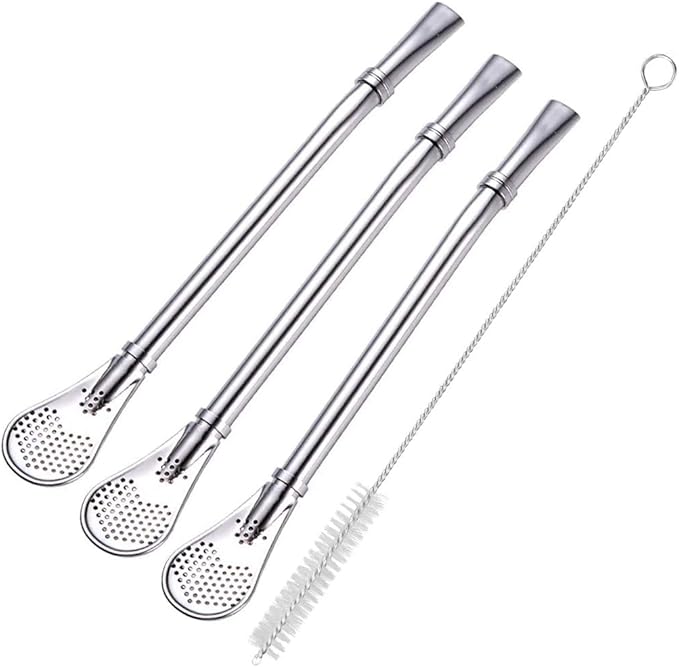 Yerba Mate Bombilla Gourd Drinking Filter Straws 304 Food-Grade Stainless Steel 6.1 inch Long Spoon Bombillas Straws for Mate Tea Set of 3 with Cleaning Brush (silver)
