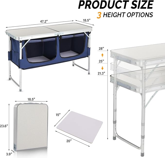 VINGLI 4 Ft Folding Table, Aluminum Camping Table, Picnic Table with Storage, Adjustable Height for Outdoor Beach BBQ Backyards Travel Party (White ＆ Blue)