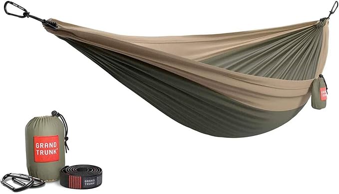 Grand Trunk Double Deluxe Hammock | Ultra-Strong & Lightweight | 11 ft Hammock with Ripstop Nylon | 500 lb Capacity | Fast-Drying & Weather-Resistant | Olive Green/Khaki