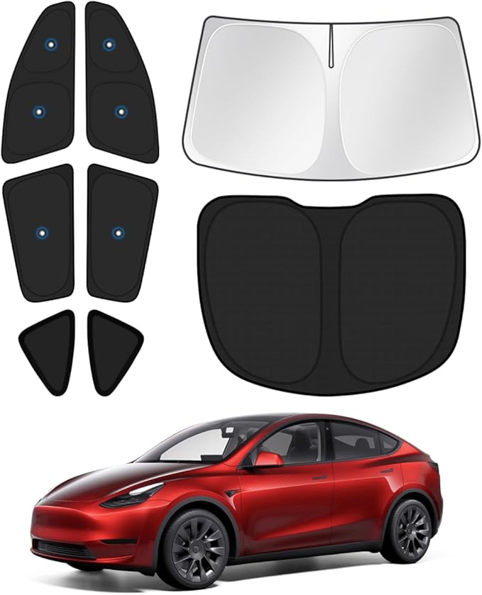 Canvcle Upgraded Window Shades for 2020-2024 Tesla Model Y Accessories with Suction Cups Windshield Sun Shade Side Rear Window Covers Sunshade Sun Shield Privacy Protection for Camping Black 8PCS