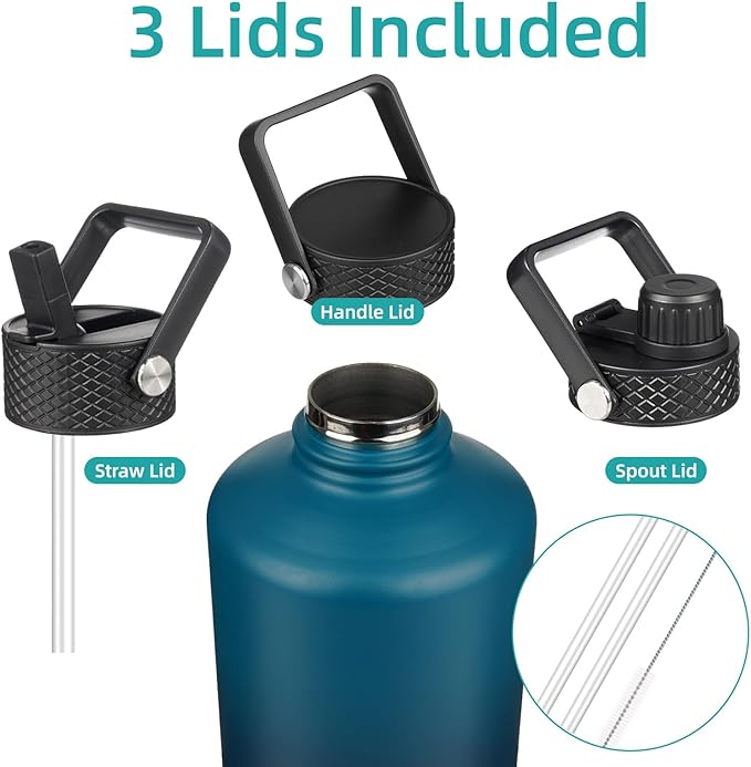 Konokyo Gallon Insulated Water Bottle with Straw,128 oz 3 Lids Water Jug with Carrying Bag,Paracord Handle, Double Wall Vacuum Stainless Steel Metal Flask,Indigo Black