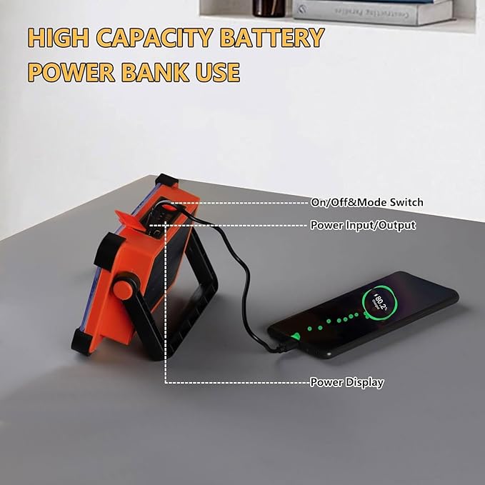 Vcwtty 120W LED Solar Work Light, 144 LED 10000LM Portable Flood Light with Stand, Orange 4 Modes Rechargeable, IP65 Waterproof Outdoor Working Light for Camping, Fishing, Car Repair & Mechanics (1)
