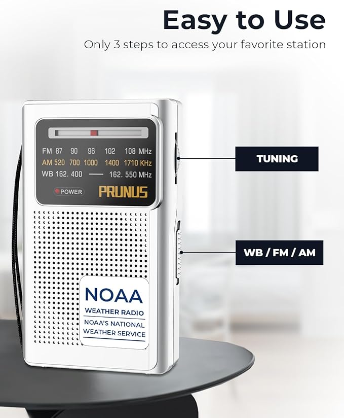PRUNUS J161 NOAA Weather Radio AM FM, Battery Operated Radio for Power Outages, Transistor Radio with Best Reception,Stereo Earphone Jack, for Emergency,Hurricane, Storm, Running, Walking,Home