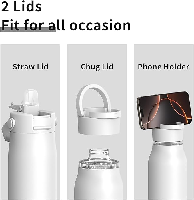 LISI 30oz Insulated Water Bottle, Double Wall Stainless Steel Water Bottles with Straw, 100% Leak-Proof Travel Thermal Canteen Mug with 2 Lids (Straw, Phone Holder Lid)