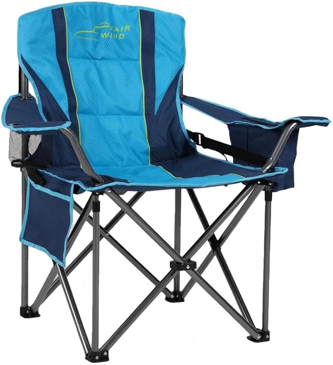 FAIR WIND Padded Camping Chair 500LBS Capacity Heavy Duty Oversized Folding Chair for Heavy People Portable Lawn Chair with Adjustable Lumbar Support, Cooler Bag & Cup Holder for Outdoor, Beach