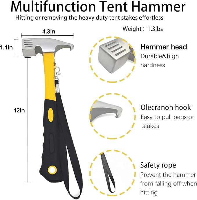 Tent Stake with Hammer, 12-Pack 12in Heavy Duty Tent Stakes + 10in Camping Hammer+Storage Pouch, Forged Steel Stakes for Camping Used on Rocks, Grassland(12Pcs 12in Tent Stakes and Hammer)