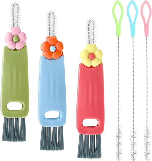 3Pcs 3 in 1 Cup Lid Cleaning Brush with 3Pcs 7.87inch Straw Cleaning Brush, Multifunctional Gap Cleaning Brush Portable Cup Brush Cleaner for Water Bottle Cup Lids Gaps Corners Straw Cleaning