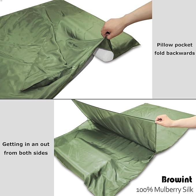 Browint Silk Sleeping Bag Liner, Silk Sleep Sack, Extra Wide 87"x43", Lightweight Travel Sheet for Hotels, More Colors for Option, Reinforced Gussets