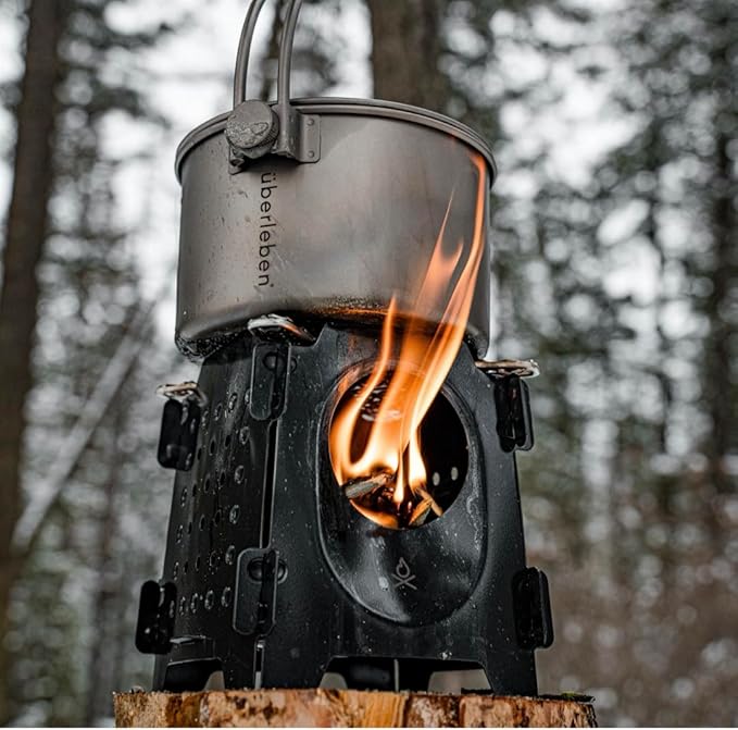 Überleben | Stöker Wood Burning Camping Stove – 18oz Flatpack Stainless Steel Wood Stove for Backpacking, Hiking & Outdoor Cooking – Portable, Folding Camping Essentials (Carbon Black)