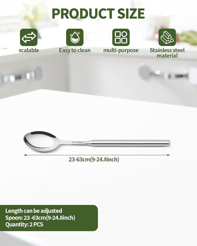 2 PCS Extendable Spoon, Telescopic Stainless Steel Spoon Set, Expandable Extension Spoon to 25 In Tableware, for BBQ Dinner Fruit Dessert