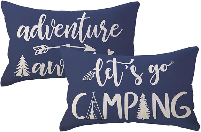 Adventure Camper Decorative Lumbar Pillowcase Double-Sided Let’s Go Camping/Adventure Awaits Throw Pillow Covers Cabin/Camper Cushion Covers 12x20,2Pack for Sofa/Couch/Porch (Blue)