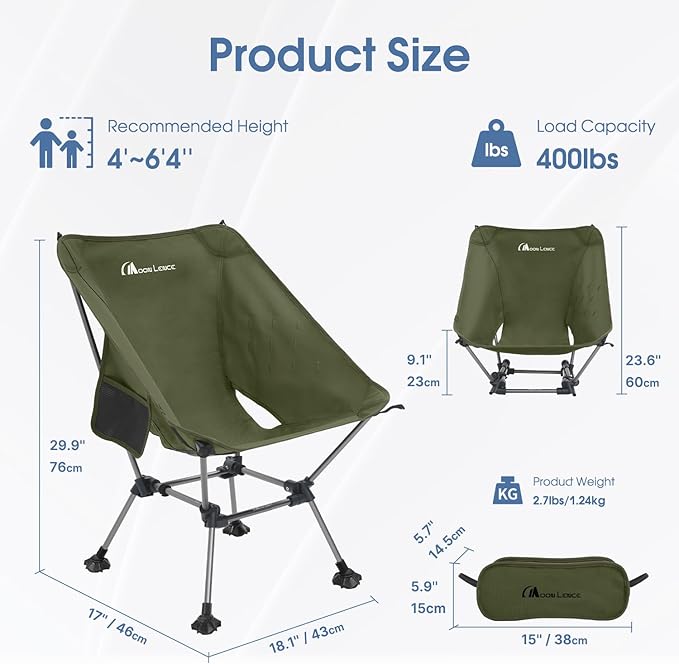 MOON LENCE Camping Chair Plus, Upgraded Comfort & Size, Still Compact and Lightweight, Folding Portable Chair for Backpacking & Hiking, 400Lbs Capacity, Gen 3 Plus (Green)
