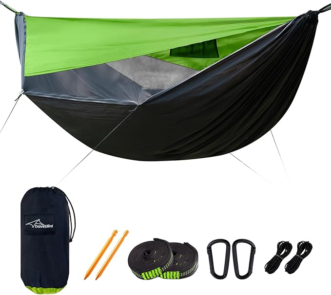 Camping Hammock with Mosquito Net and Sunshade, Backpacking Hammock with Ridge Rope Tree Straps, Lightweight Portable Hammocks for Outside, Hiking, and Travel