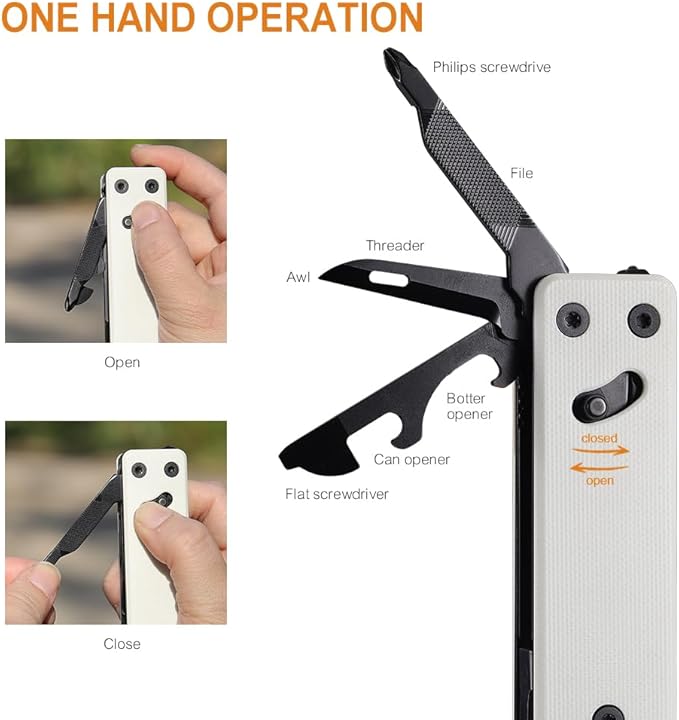 Roxon KS2 Elite Noir Blanc D2 Blade 13 in 1 Mini Multi Tool function pocket knife with big scissor, G10 handle and Pocket clip, good for Camping/Backpacking/Emergencies/EDC Multitool (D2 Steel Blade)