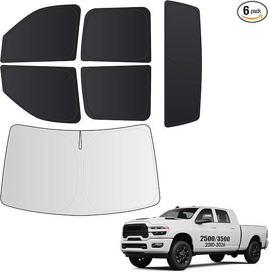 Wigoo 2026 Upgrade 6PCS Full Set Window Sunshade for Dodge Ram 2500 3500 2010-2026 [7-Layer Cooler & Blacker, Ice-Crystal Tech] with Windshield for Sun Block, Baby, Camping, Privacy Napping, Relax