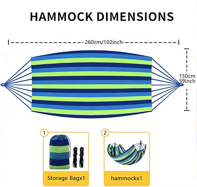 Cotton Canvas Hammock, Comfortable Fabric Camping Hammock with Tree Straps, Up to 440lbs with Travel Bag for Camping Outdoor/Indoor Patio Backyard(Blue&Green, Without bar)