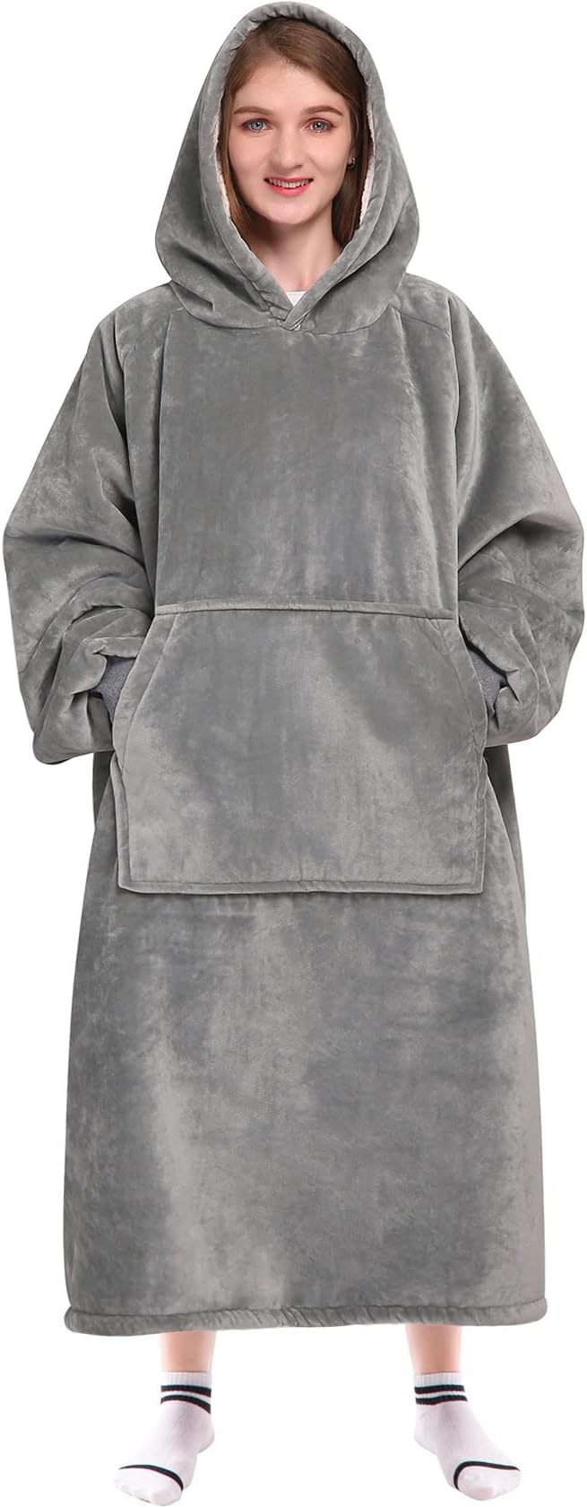 Waitu Wearable Blanket Sweatshirt Gifts for Women and Men, Sherpa Wearable Blanket Adult, Oversized Blanket Hoodie, Thick Sherpa Blanket, Warm Body Blanket Robe - Gray
