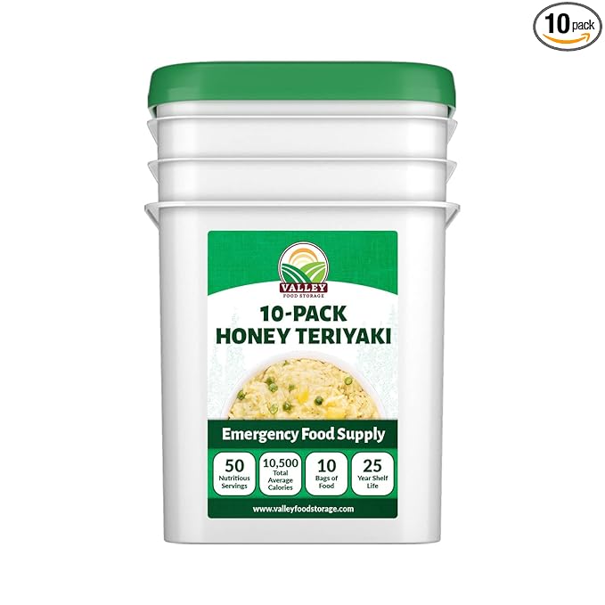 Valley Food Storage Honey Teriyaki Rice | 10-Bag Bucket, 50 Servings | Non-GMO Premium Emergency Food Supply, 25 Year Shelf Life | Survival Meal Kits, Prepper Food & Off-Grid Living Supplies, Packaged in USA
