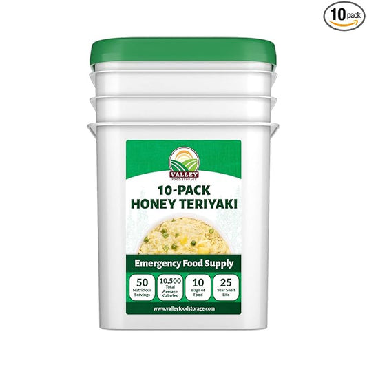 Valley Food Storage Honey Teriyaki Rice | 10-Bag Bucket, 50 Servings | Non-GMO Premium Emergency Food Supply, 25 Year Shelf Life | Survival Meal Kits, Prepper Food & Off-Grid Living Supplies, Packaged in USA
