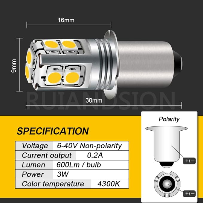 Ruiandsion Upgrade LED Flashlight Bulb 6-40 Volt P13.5S Base LED Bulb Warm White 4300K 6V 9V 12V 18V 19.2V 24V Replacement for Flashlight Torch Lantern Work Lights,Non-Polarity