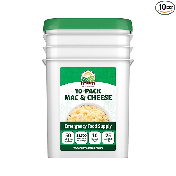 Valley Food Storage Mac and Cheese | 10-Bag Bucket, 50 Servings | Non-GMO Premium Emergency Food Supply, 25 Year Shelf Life | Survival Meal Kits, Prepper Food, Camping & Off-Grid Living Supplies