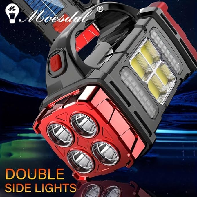 IFTHFOUR High Lumens Solar Flashlight - LED Work Light with USB-C Rechargeable, Waterproof, Multi-Function Flashlight & Lantern for Camping, Emergencies, and Outdoor(RED)