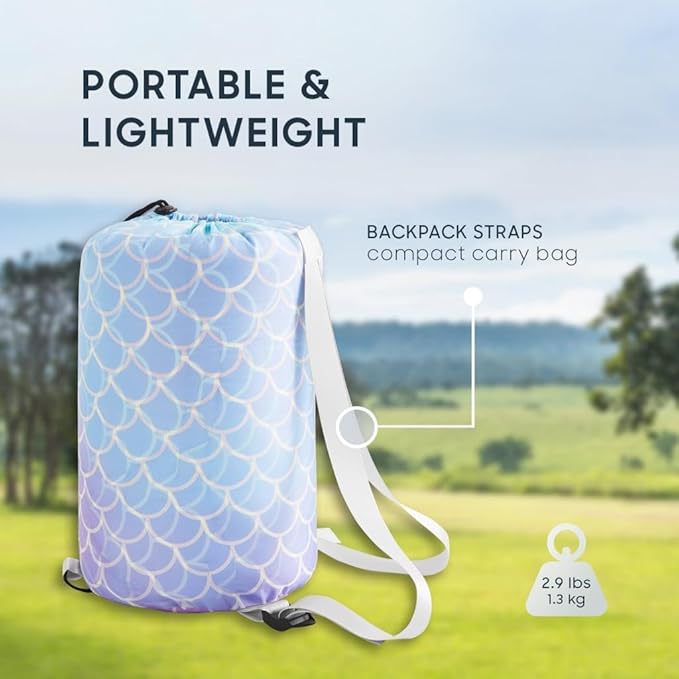 Wake In Cloud - Kids Sleeping Bag for Girls Toddlers, Camping in Warm Cold Weather, Backpacking Lightweight Compact Outdoor Liner for 3 Seasons Summer Spring Fall, Mermaid Purple Blue