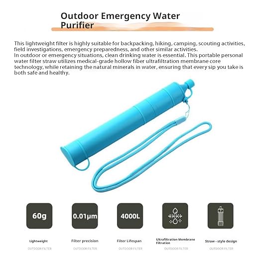 Portable Personal Water Filter Straw, Hollow Fiber Ultrafiltration, Lightweight, 4000L Lifespan, for Camping, Hiking, Emergency