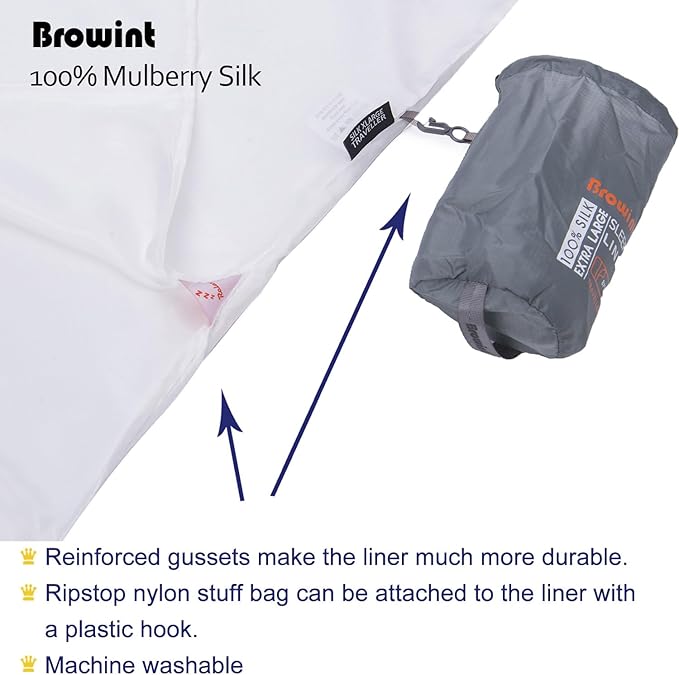 Browint Silk Sleeping Bag Liner, Silk Sleep Sack, Extra Wide 87"x43", Lightweight Travel Sheet for Hotels, More Colors for Option, Reinforced Gussets