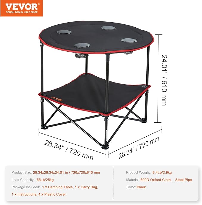 VEVOR Folding Camping Table, Outdoor Portable Fold Up Lightweight Side Table for BBQ, Tailgating, Picnic, Travel, Hiking, Fishing
