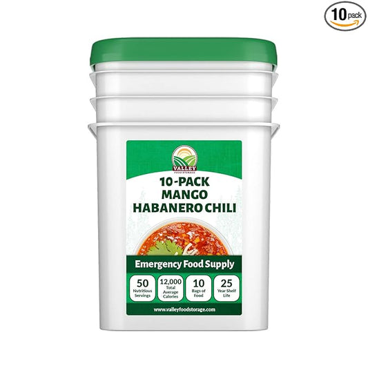 Valley Food Storage Mango Habanero Chili | 10-Bag Bucket, 50 Servings | Premium Emergency Food Supply, 25 Year Shelf Life | Survival Meal Kits, Prepper Food & Off-Grid Living Supplies, Packaged in USA