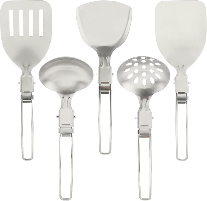 Kakalote Camping Kitchen Utensil Set,5Pcs Stainless Steel Portable Folding Outdoor Cooking Utensil,Camping Utensils Set,Camping Cooking Utensils,for RV Car,Tent Campers,Outdoor Picnics BBQ