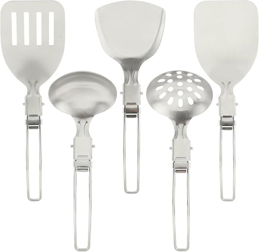 Kakalote Camping Kitchen Utensil Set,5Pcs Stainless Steel Portable Folding Outdoor Cooking Utensil,Camping Utensils Set,Camping Cooking Utensils,for RV Car,Tent Campers,Outdoor Picnics BBQ