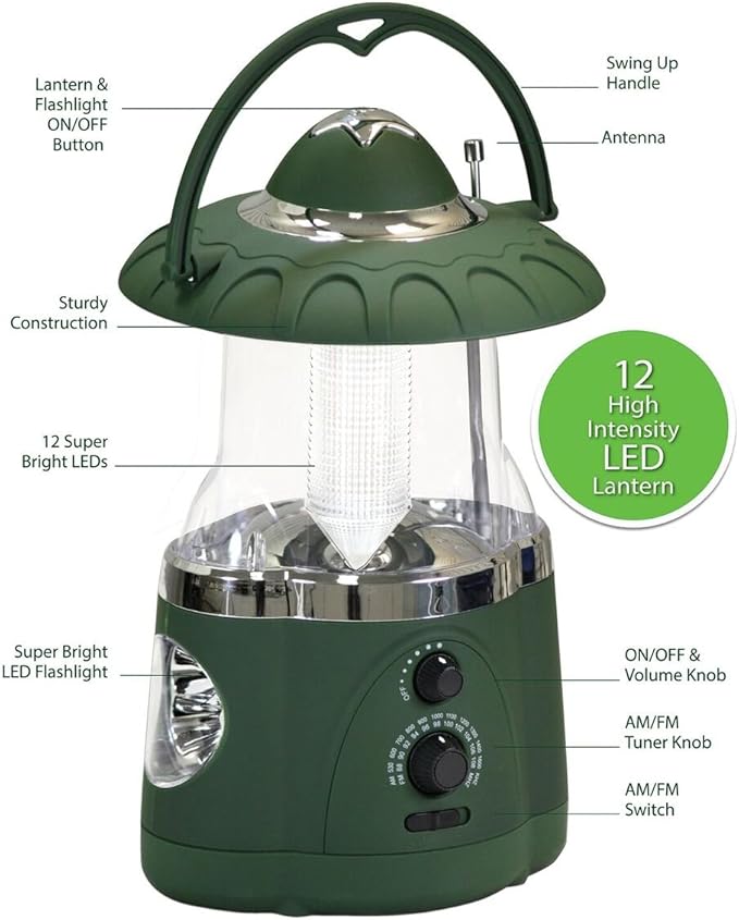 NORTHPOINT 190485 12-LED Lantern with 4-LED Flashlight & AM/FM Radio (Green)