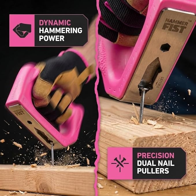 Hammer Fist 8-in-1 Multitool - Heavy Duty Stainless Steel Palm Hammer & Nail Puller, Non-Marring Mallet, Hex Driver, Ruler, Square & Bottle Opener - Compact EDC Survival Gear & DIY Hand Tool (Pink)