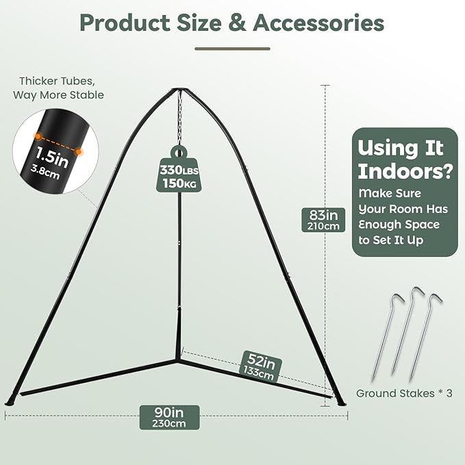 Hammock Chair Stand for Multi-Use, Heavy-Duty Hammock Chair Stand for Indoor & Outdoor, with Height Adjustable Triangular Design, 330 lbs Capacity Hanging Chair Stand, Stand Only - Black