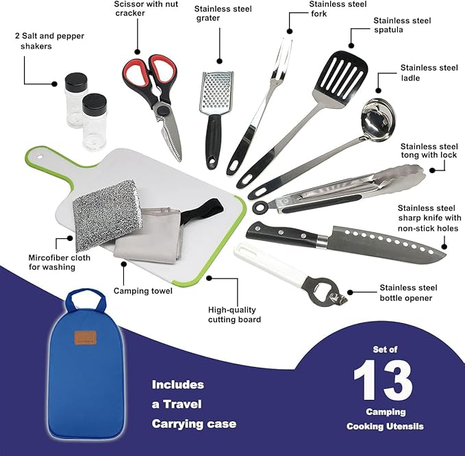 Gold Armour 13 Piece Camp Kitchen Utensil Organizer Travel Set - Essential Outdoor Camping Gear & Accessories Kit, Portable BBQ Camping Cookware Stainless Steel Travel Kit Equipment