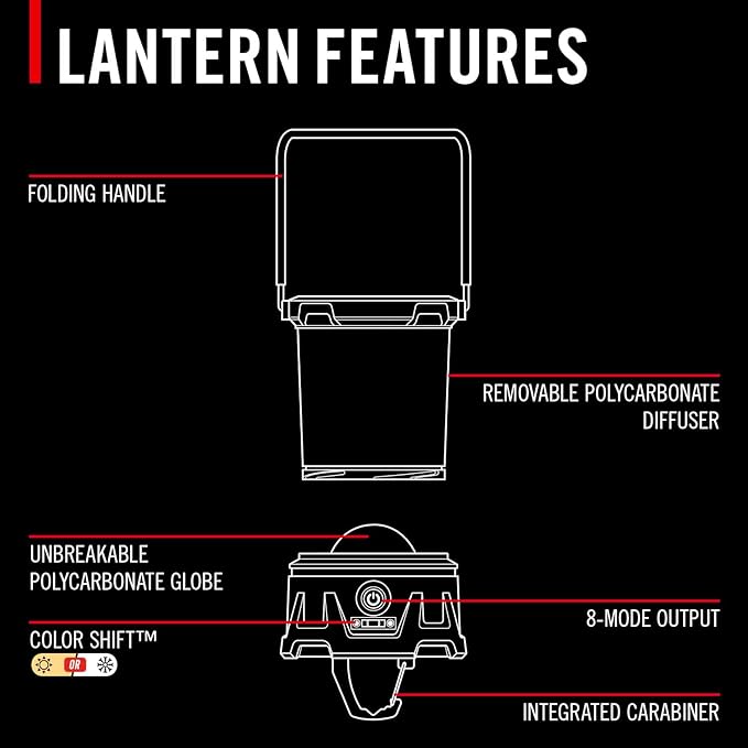 COAST EAL40R 2500 Lumen Rechargeable Emergency Camping Lantern with Red Flashing Mode, Carabiner, Diffuser, Foldeable Handle, Moonglow™ Low Mode, Illuminated Power Button, USB-C Power Bank