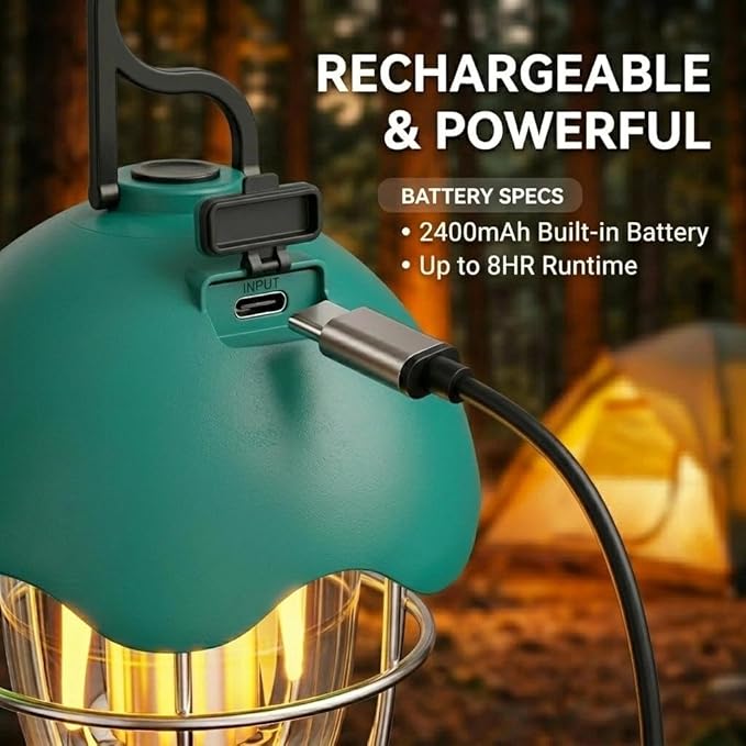 HOMY LED Camping Light Rechargeable Waterproof Vintage Tent Light with Warm Glow, Dimmable Outdoor Lantern for Camping, Emergencies, and Power Outages