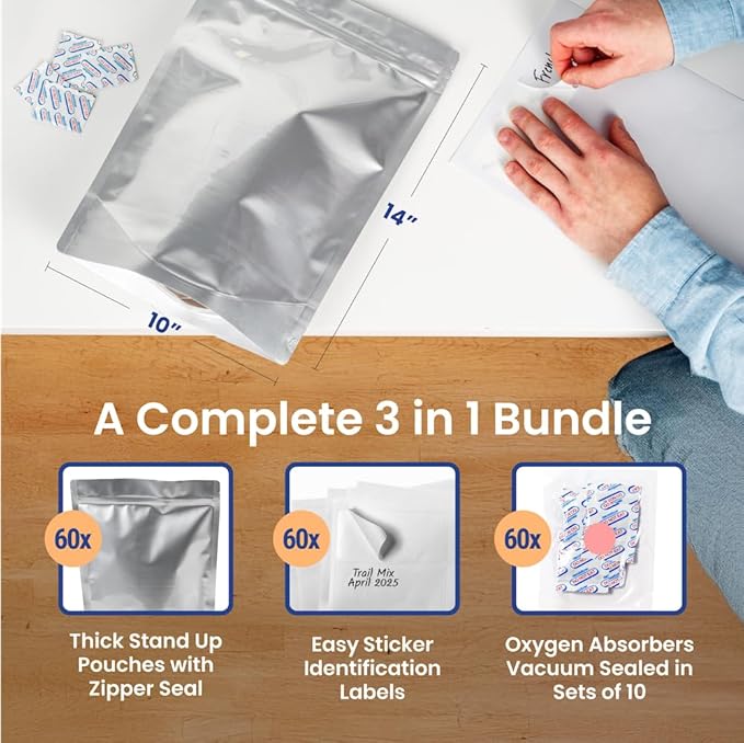Wallaby 60 Count 1-Gallon Gusset Mylar Bags with 400cc Oxygen Absorbers, 15 Mil Total Thickness Long-Term Food Storage Pouches, 10x14 Stand-Up Resealable Heat-Sealable Airtight Packaging - Silver