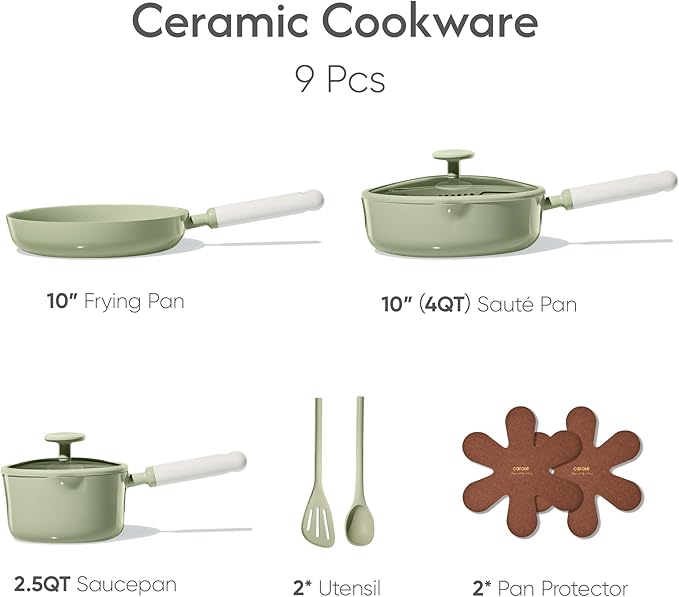 CAROTE Ceramic Cookware Set Nonstick, 9pcs Pots and Pans Set Non stick, Non-Toxic & PFAS-Free,Dishwasher, RV/Camping Cookware Set,Sauce Pan with Lid, Green