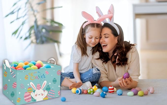 Essme Rectangular Easter Basket, Kids Storage bin Organizer with Handles for Easter Decor,Shelf Basket,Toy Organizer,Easter Gift.(Rabbit Easter Eggs)