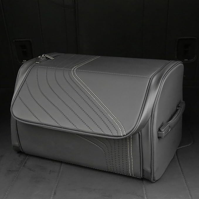 TOPABYTE Car Trunk Organizer with Lid and Sturdy Handle Foldable Durable Premium Leather Storage Box Cargo for BMW SUV Sedan Truck, Black
