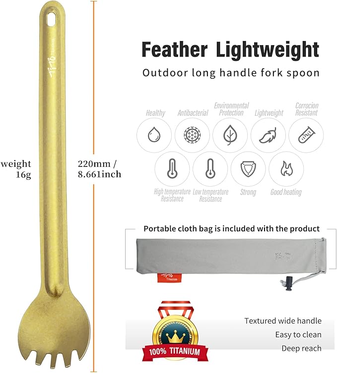 TiTo Titanium Long Handle Spork and Spoon Eco-Friendly Ultralight Portabale Flatware for Outdoor Camping Backpacking Hiking Travel Picnic Tableware with Bag (Bright Golden Spork)