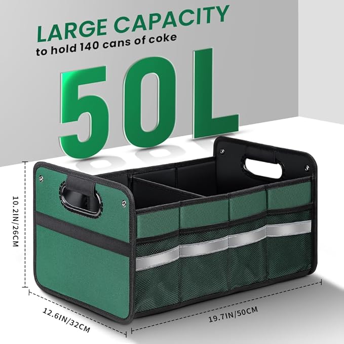WINHUNT Car Trunk Organizer, Car Storage Organizer, Collapsible Multi Compartment for Car, Suv, Sedan, Truck, 100L, Extra Larger (Green, 50L)